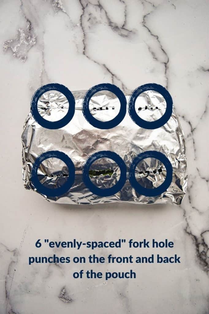 diagram of foil packet illustrating 6 "evenly spaced" fork hole punches on the back of the packet on a white marble background
