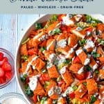 pinterest image with low fodmap air fryer buffalo chicken salad paleo whole30 grain-free at the top and goodnomshoney.com at the bottom.