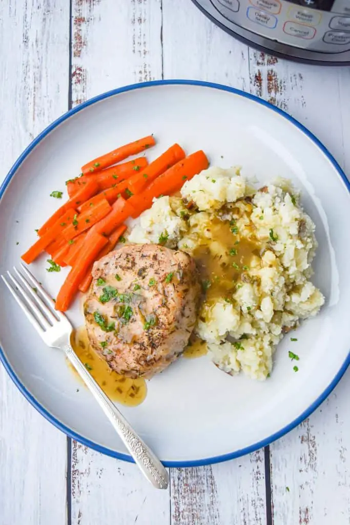 a low fodmap pork chop, mashed potatoes, carrots and gravy on a blue rimmed white plate with a fork in front of an instant pot