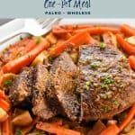 pinterest image with low fodmap instant pot beef pot roast one-pot meal paleo whole30 at the top and goodnomshoney.com at the bottom.