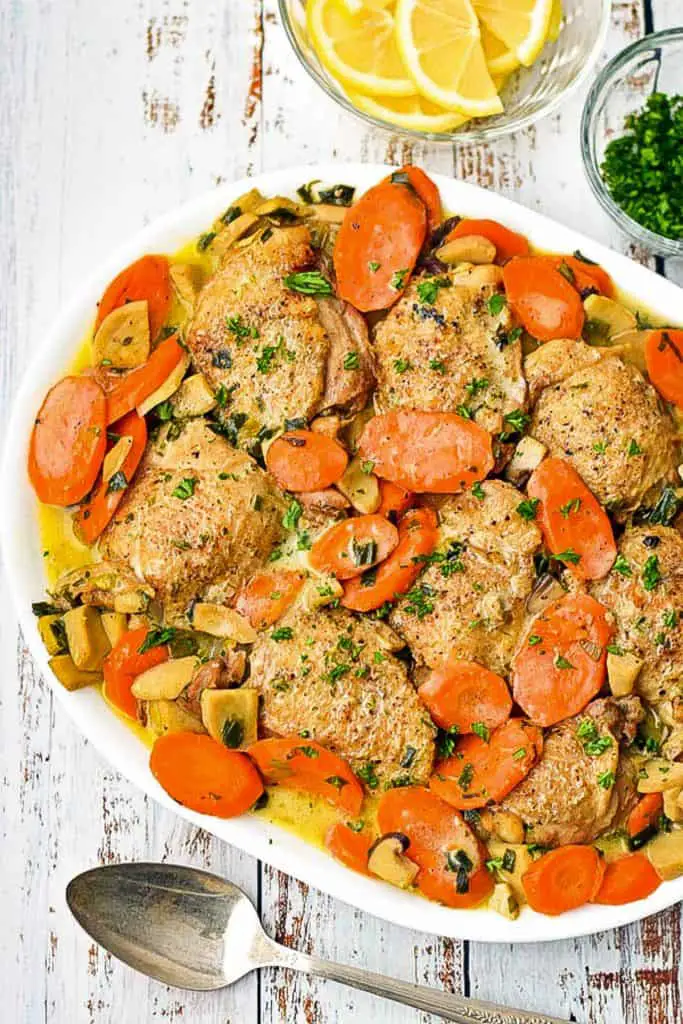 low fodmap instant pot chicken fricassee on a white platter