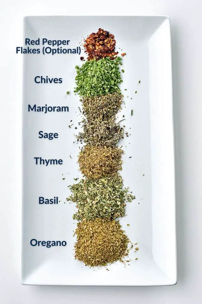 piles of individual herbs that are labeled by name on a white plate, including red pepper flakes (optional), chives, marjoram, sage, thyme, basil, and oregano