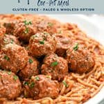 pinterest image of low fodmap spaghetti and meatballs on a platter with low fodmap instant pot spaghetti and meatballs gluten-free Paleo Whole30 option at the top and goodnomshoney.com at the bottom.
