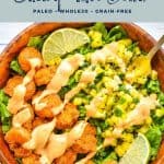 Pinterest image with low FODMAP air fryer shrimp taco bowl paleo whole30 grain-free at the top and goodnomshoney.com at the bottom.