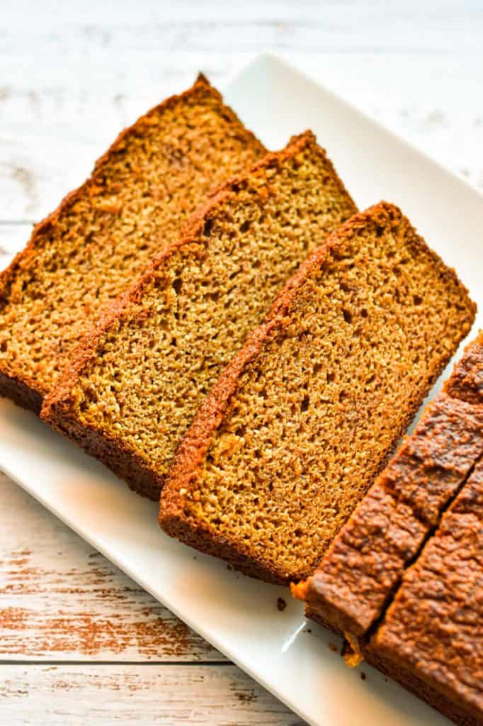 slices of low fodmap pumpkin bread on a white plate