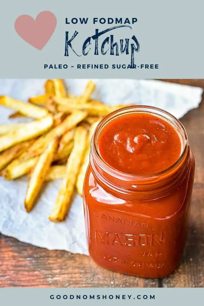 pinterest image with low fodmap ketchup paleo refined sugar-free at the top and goodnomshoney.com at the bottom