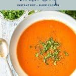 pinterest image with low fodmap tomato soup instant pot slow cooker whole30 paleo at the top and goodnomshoney.com at the bottom.