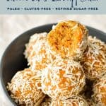 pinterest image with no bake low fodmap carrot cake energy balls paleo gluten-free refined sugar-free at the top and goodnomshoney.com