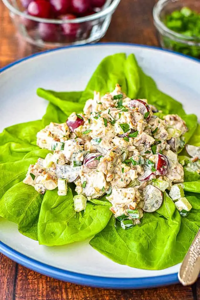low fodmap classic chicken salad on butter lettuce leaves on a blue and white plate