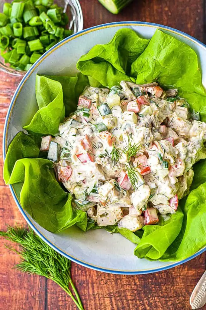overhead shot of low fodmap Mediterranean chicken salad in a blue rimmed bowl garnished with fresh dill leaves and resting on butter lettuce next to a sprig of fresh dill 