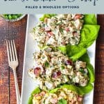 pinterest image with low fodmap chicken salad - 3 ways paleo and whole30 options at the top and goosnomshoney.com at the bottom.