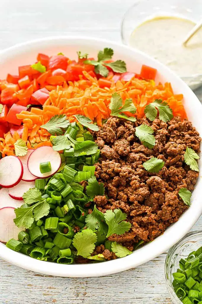 close-up shot of low fodmap taco salad containing ground beef, green onions, radish, carrots, and red pepper and topped with cilantro leaves