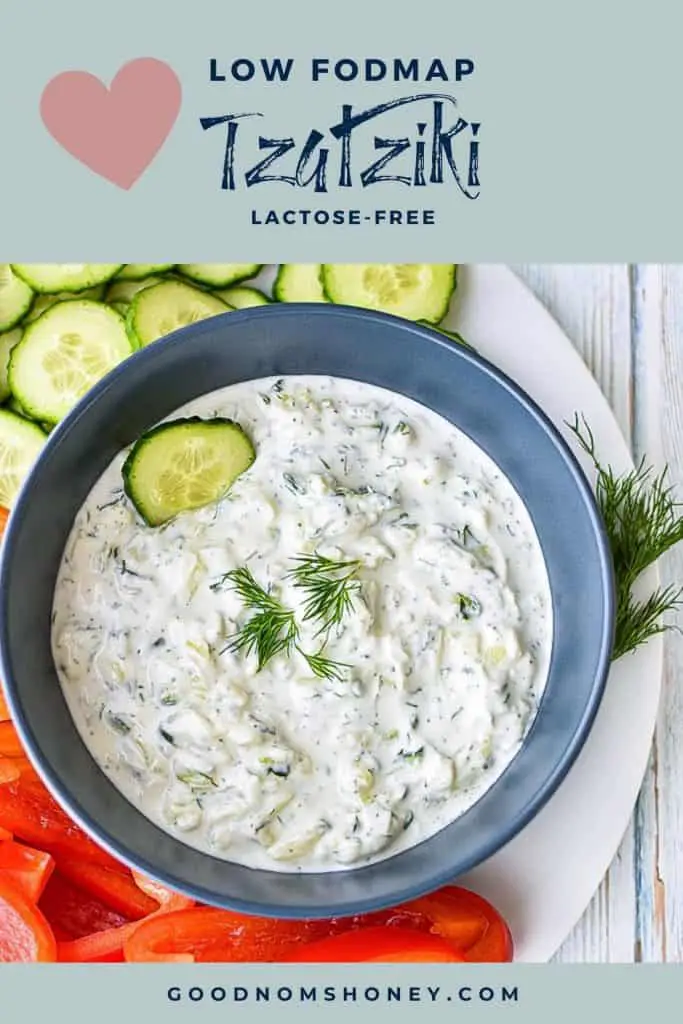 pinterest image with low fodmap tzatziki lactose-free at the top and goodnomshoney.com at the bottom