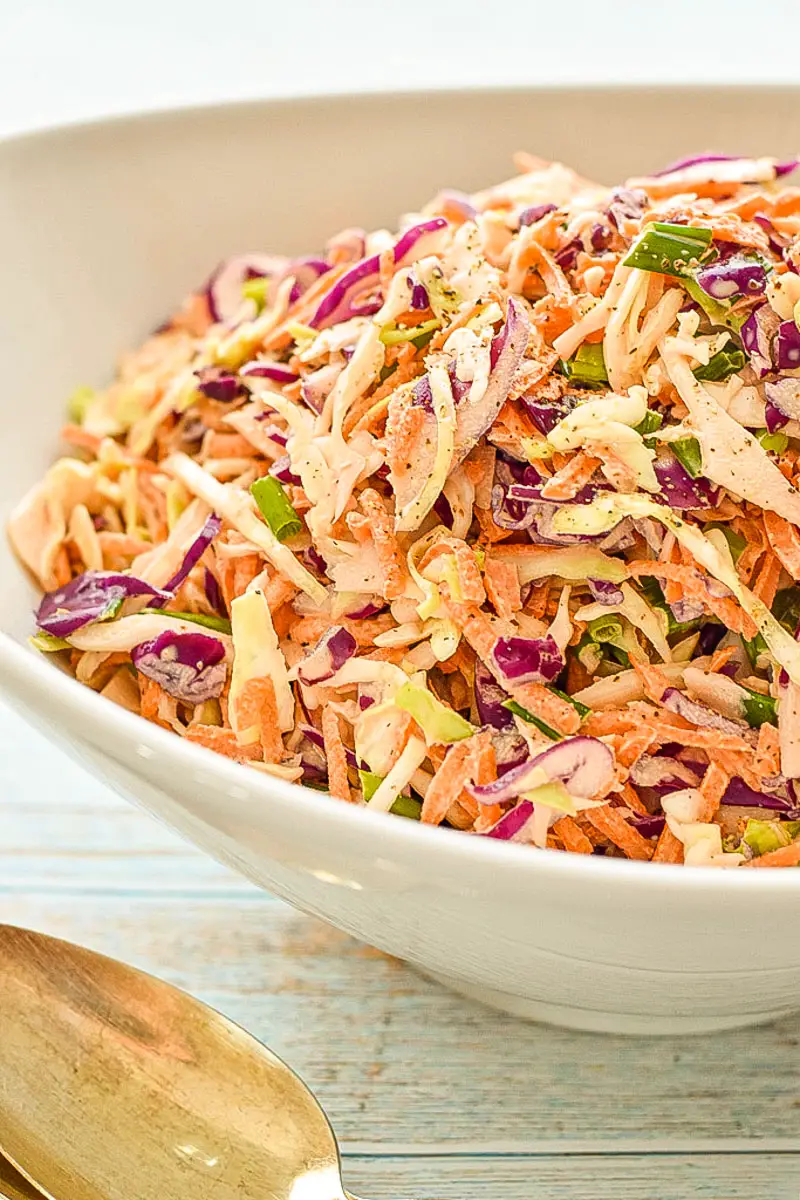 side angle shot of low fodmap coleslaw in a white bowl
