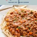 Pinterest image of low fodmap Bolognese instant pot slow cooker at the top and goodnomshoney.com at the bottom