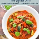 pinterest image with low fodmap instant pot ratatouille (french vegetable stew) vegan paleo whole30 low carb gluten-free at the top and goodnomshoney.com at the bottom