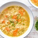 low fodmap chicken and rice soup in a white and blue bowl garnished with chopped parsley