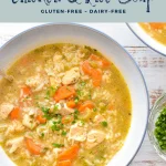 pinterest image with low fodmap instant pot chicken and rice soup gluten-free dairy-free at the top and goodnomshoney.com at the bottom