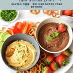 pinterest image with low fodmap hummus - 2 ways classic & chocolate dessert gluten-free refined sugar-free option at the top and goodnomshoney.com at the bottom.