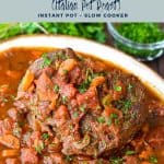 pinterest image with low fodmap stracotto (italian pot roast) instant Pot slow cooker whole30 paleo at the top and goodnomshoney.com at the bottom.