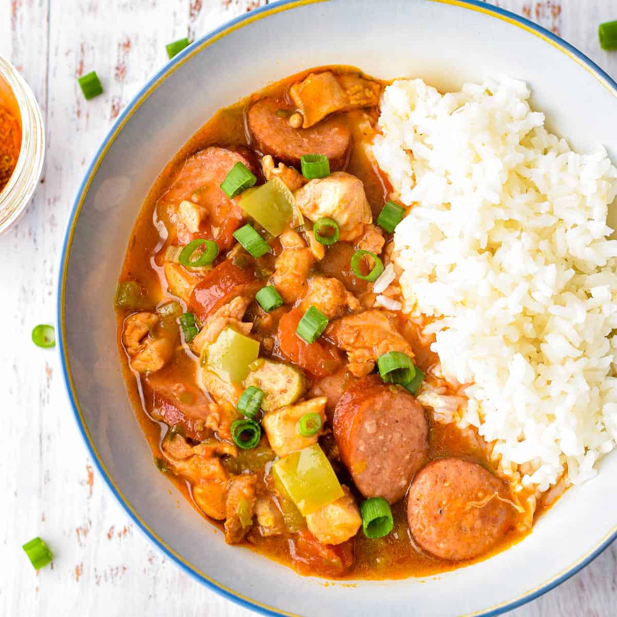 a bowl of gumbo with chicken, sausage, and white rice