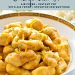 pinterest image with low fodmap gluten-free orange chicken air fryer + instant pot with air fryer + stovetop instructions at the top and goodnomshoney.com at the bottom