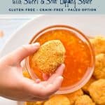 pinterest image with low fodamp air fryer chicken nuggets with sweet and sour sauce gluten-free grain-free paleo option at the top and goodnomshoney.com at the bottom