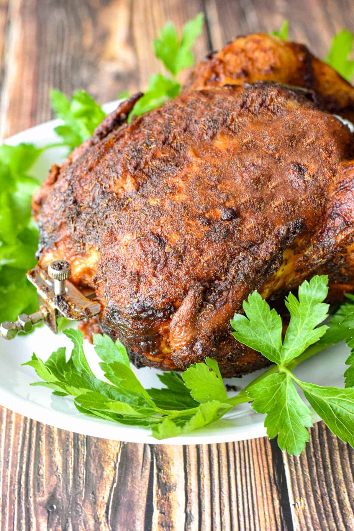 a cooked low fodmap rotisserie chicken with a rotisserie spit still inserted on a white platter surrounded by parsley