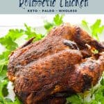 pinterest image of low fodmap air fryer cajun-spiced rotisserie chicken keto paleo whole30 at the top and goodnomshoney.com at the bottom