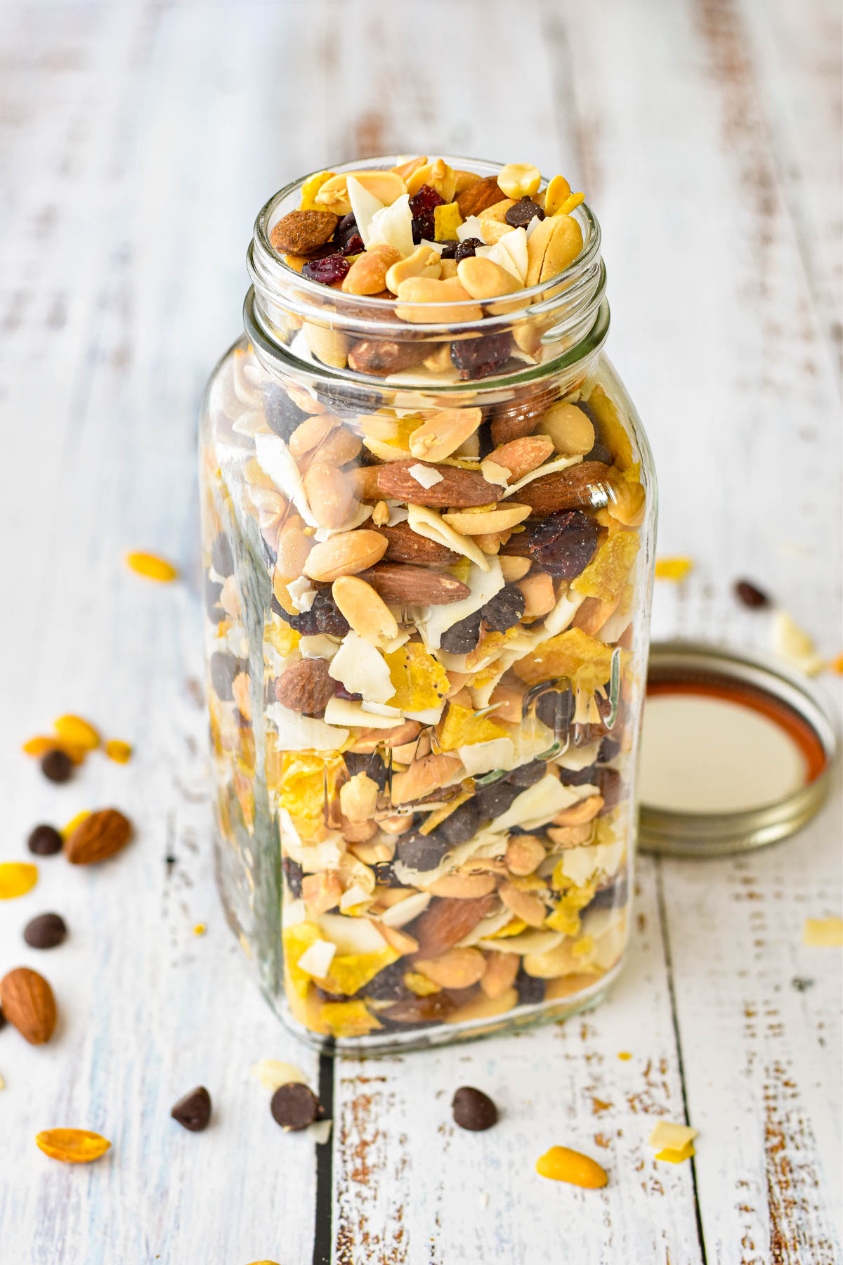 low fodmap trail mix with peanuts, almonds, coconut chips, plantain chips, raisins, dried cranberries and dark chocolate chips in a jar