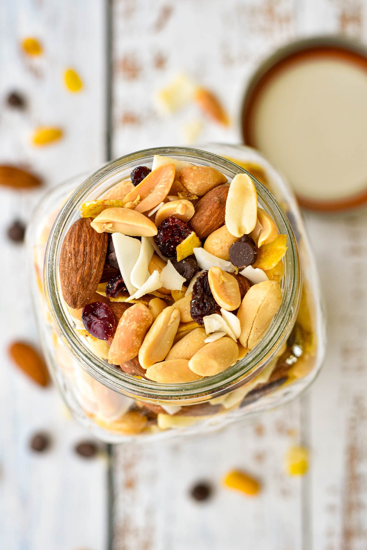 close up overhead shot of low fodmap trail mix in a mason jar