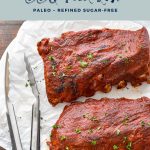 pinterest image with low fodmap instant pot bbq pork ribs paleo refined sugar-free at the top and goodnomshoney.com at the bottom.