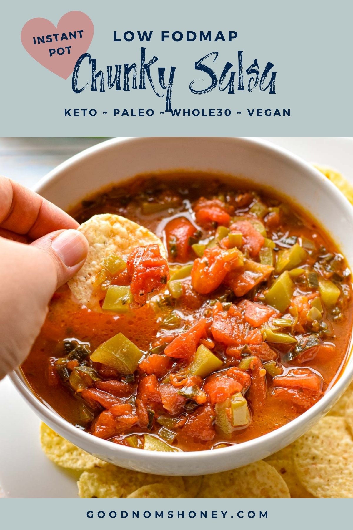 Pinterest image with low fodmap instant pot chunky salsa keto paleo whole30 vegan at the top and goodnomshoney.com at the bottom