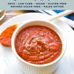 pinterest image with easy low fodmap pizza sauce keto low carb vegan gluten-free refined sugar-free paleo option at the top and goodnomshoney.com at the bottom