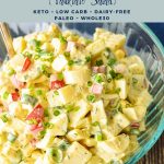 pinterest image with low fodmap faux potato salad fauxtato salad keto low carb dairy-free paleo whole30 at the top and goodnomshoney.com at the bottom