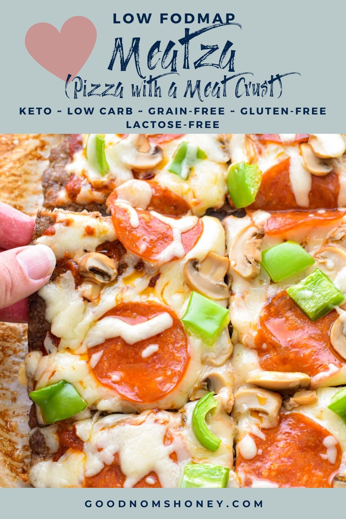 pinterest image with low fodmap meatza pizza with a meat crust keto low carb grain-free gluten-free lactose-free at the top and goodnomshoney.com at the bottom