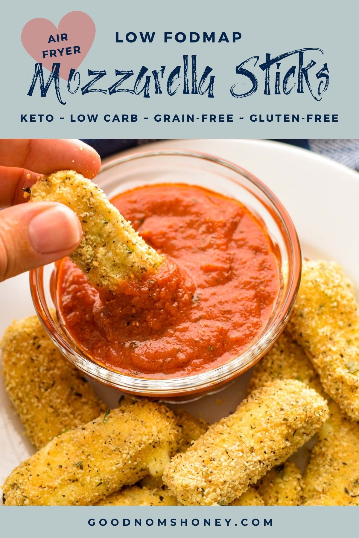 pinterest image with low fodmap air fryer mozzarella sticks keto low carb grain-free gluten-free at the top and goodnomshoney.com at the bottom