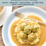 pinterest image with low fodmap instant pot turkey meatballs paleo whole30 grain-free gluten-free keto / low carb option at the top and goodnomshoney.com at the bottom