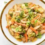 low fodmap chicken stir fry with broccoli, carrots, canned mushrooms, water chestnuts and scallions in a white bowl