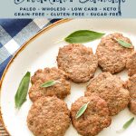 pinterest image with low fodmap air fryer / skillet breakfast sausage paleo whole30 low carb keto grain-free gluten-free sugar-free at the top and goodnomshoney.com at the bottom