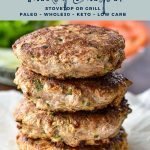 turkey burgers in a stack with juicy low fodmap turkey burgers stovetop or grill paleo whole30 keto low carb at the top and goodnomshoney.com at the bottom
