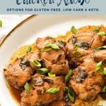 pinterest image with low fodmap instant pot chicken adobo options for gluten-free, keto and low carb at the top and goodnomshoney.com at the bottom
