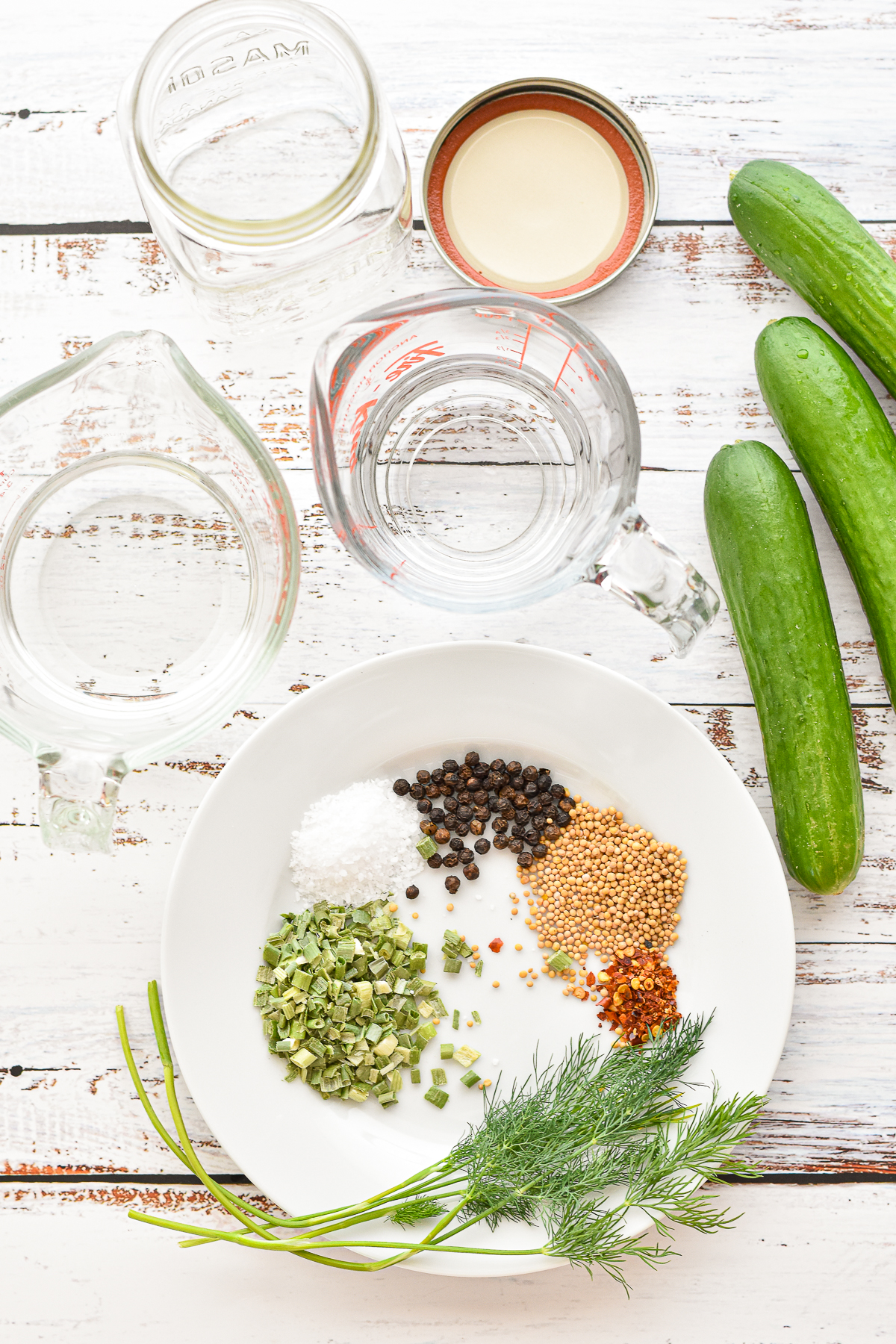 ingredients shot for low FODMAP pickles including mini-cucumbers, vinegar, water, salt, peppercorns, mustard seeds, chili flakes, fresh dill sprigs, and dried chives next to a pint sized jar and lid