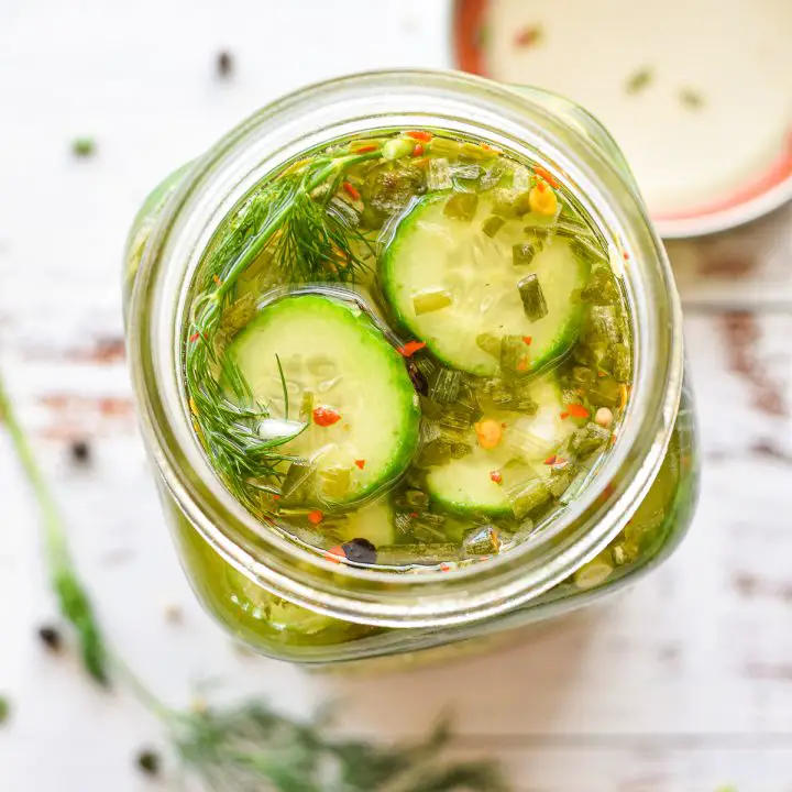 overhead shot of low fodmap pickles in a glass jar with fresh dill, dried chives, peppercorns, mustard seeds, chili flakes, salt, vinegar and water.