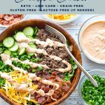 pinterest image with low FODMAP burger bowls keto low carb grain-free gluten-free lactose-free at the top and goodnomshoney.com at the bottom