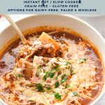 pinterest image with low fodmap + low carb lasagna soup grain-free gluten-free options for dairy-free, paleo & whole30 at the top and goodnomshoney.com at the bottom.