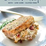 pinterest image with low fodmap stuffed pork chops keto low carb gluten-free at the top and goodnomshoney.com at the bottom.