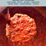 pinterest image with 4-ingredient low fodmap marinara sauce instant pot / stovetop low carb keto whole30 dairy-free vegetarian vegan at the top and goodnomshoney.com at the bottom.