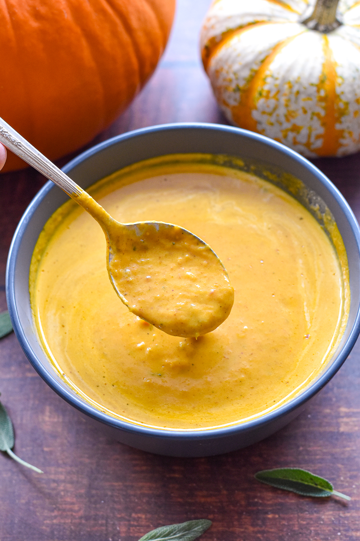 a hand lifting spoonful of low fodmap pumpkin soup over a blue bowl.