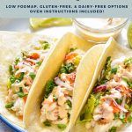 pinterest image with simple 20-min air fryer fish tacos low fodmap, gluten-free, and dairy-free options oven instructions included! at the top and goodnomshoney.com at the bottom.